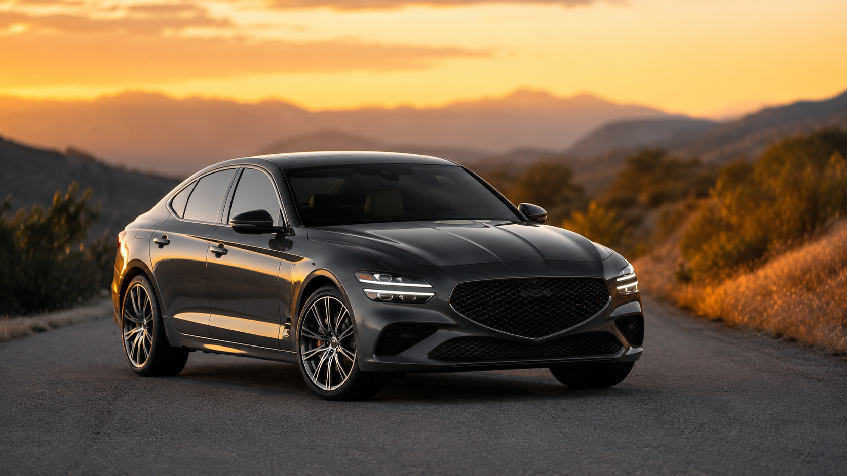 Sedan de luxo ao pôr do sol