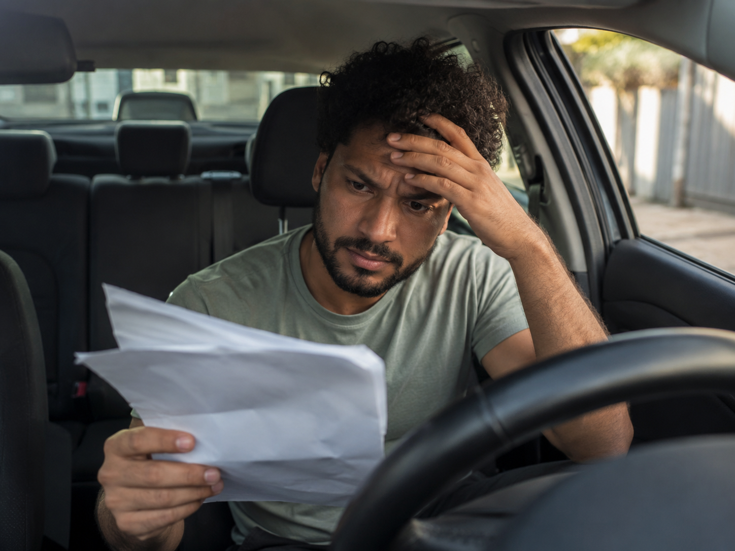 Motorista preocupado revisando contrato no carro