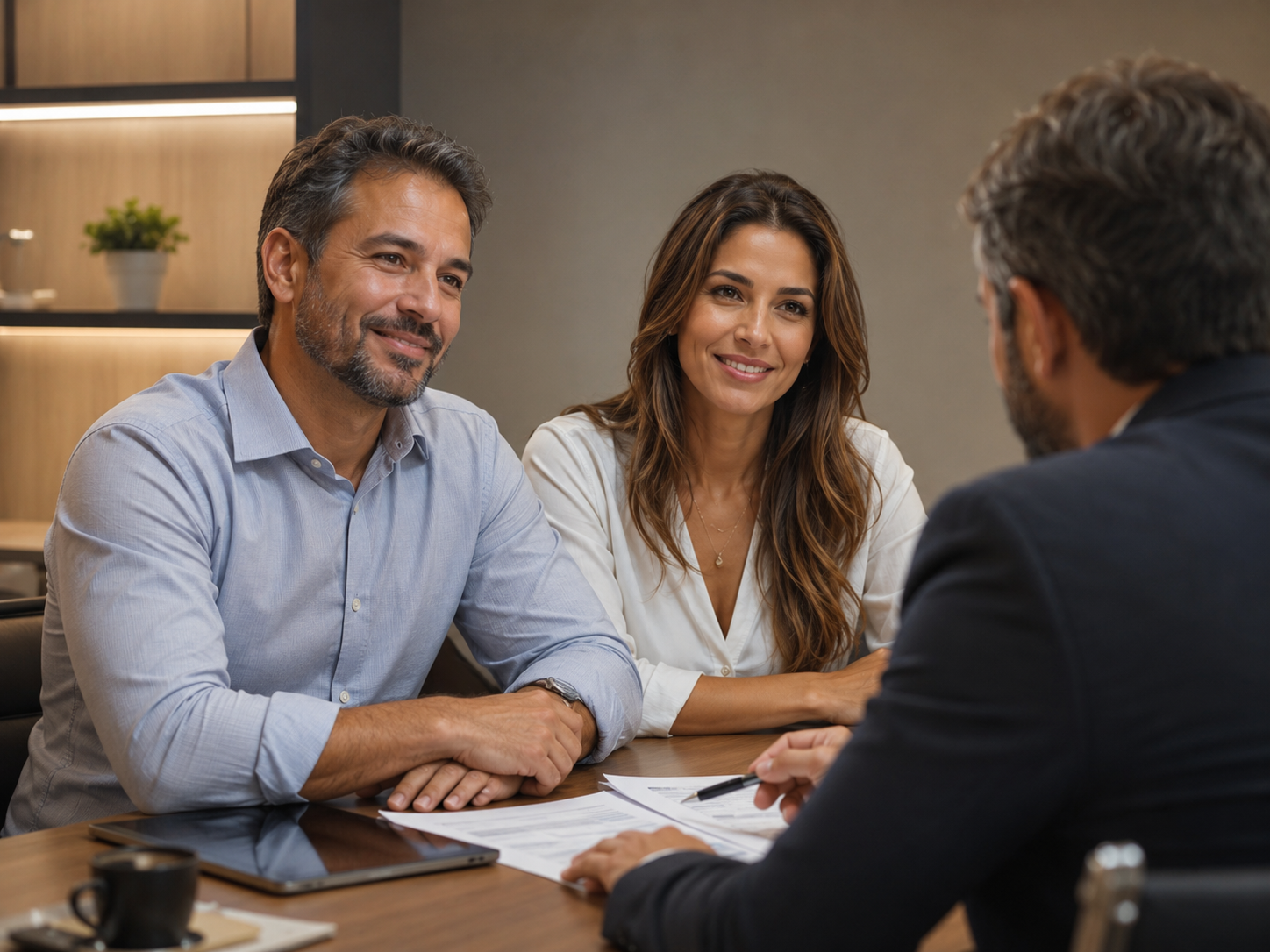 Especialista atendendo casal em consultoria